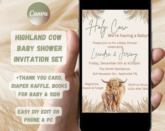 Boho Highland Cow Baby Shower Invitation Set, Gender Neutral (Editable Template)