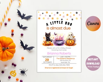 May include: A Halloween-themed baby shower invitation featuring a black cat, a ghost, and a cauldron. The invitation reads "A Little Boo is almost due" and includes the date, time, and location of the shower. The text "Brianna Roberts" is highlighted in pink.