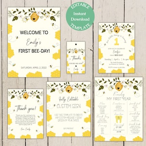Bee First Birthday Invitation Bundle, First Bee Day, 1st Bee Day, 1st Birthday Decorations, Editable Digital Template