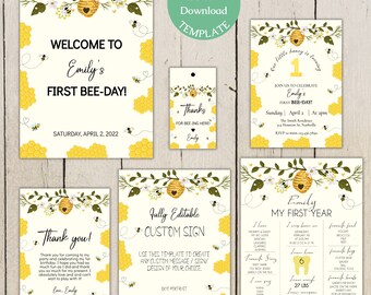 Paquete de invitaciones de primer cumpleaños con temática de abejas, plantilla editable (descarga digital)
