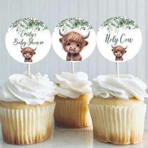 Editable Highland Cow Cupcake Toppers, Highland Cow Toppers, Gender Neutral Cow Baby Shower, Holy Cow Baby Shower, Greenery,Instant Download