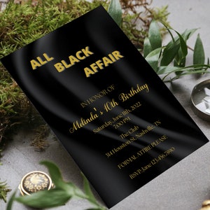 All Black Party Invitation, All Black Affair Invitation, Silk Birthday Invite, Black and Gold Birthday Invite, Editable Invite