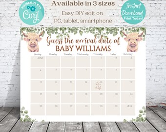 May include: A printable baby shower game with a calendar for guests to guess the arrival date of Baby Williams. The calendar is decorated with a watercolor illustration of a Highland cow.