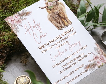 Boho Highland Cow Baby Shower Invitation Template (Digital Download)
