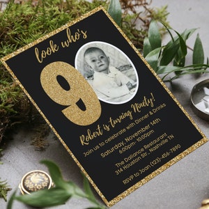 Editable 90th Invitation with photo, Look Who&#39;s 90, 90th Birthday Invitation Template, Gold 90th Invitation, Editable, Printable