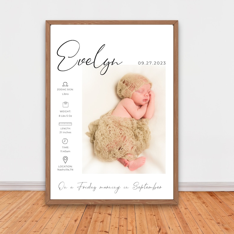 May include: A white framed print with a photo of a sleeping baby girl wrapped in a beige blanket. The print includes the baby's name "Evelyn", birthdate "09.27.2023", zodiac sign "Libra", weight "8 lbs 5 oz", length "21 inches", time "11:40am", location "Nashville, TN", and the text "On a Friday morning in September".