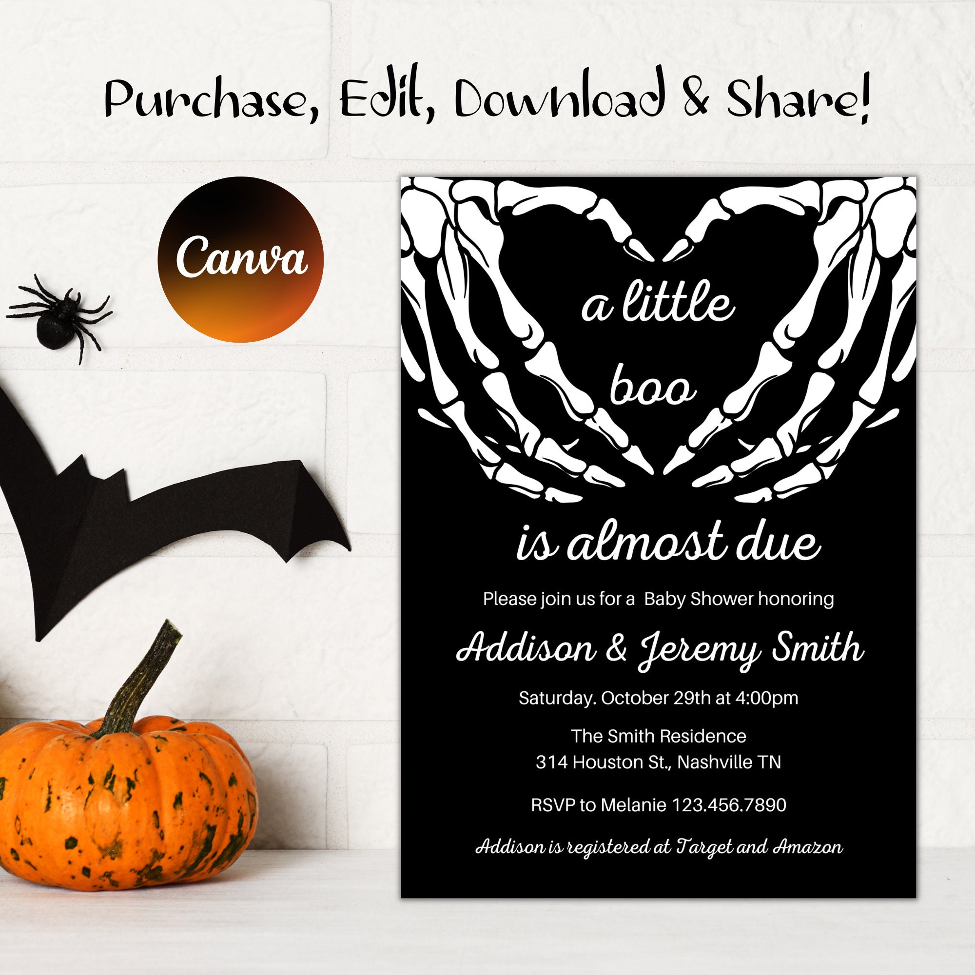Halloween Baby Shower Invitation, Gothic Baby Shower Invite, A little boo Invite, Skeleton Love Hands, Editable, Instant Download