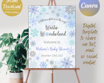 Cartello di benvenuto per baby shower a tema "Paese delle meraviglie invernale", con fiocchi di neve (download digitale)