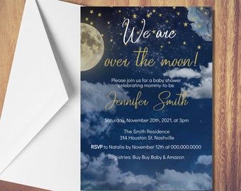 Over the Moon Baby Shower Invitation Template,  Sky Stars Baby Shower Printable Invitation, Editable Digital Download