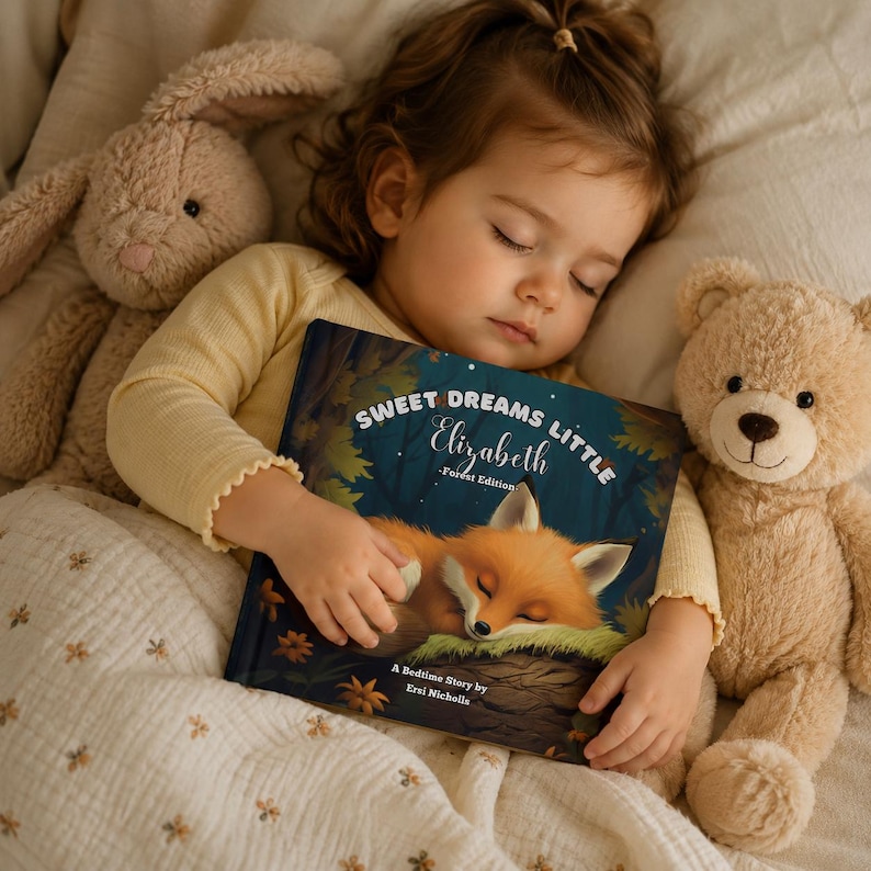 Pu&ograve; includere: Un libro con copertina rigida intitolato Sweet Dreams Little Elizabeth Forest Edition con l'illustrazione di una volpe addormentata sulla copertina. Il libro &egrave; tenuto da un bambino addormentato tra un coniglio e un orsetto di peluche beige.