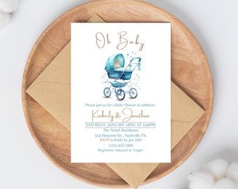 Sjabloon blauwe kinderwagen babyshower (digitale download)