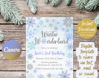 Winter Wonderland Birthday Invitation, Snowflake Theme (Editable Download)