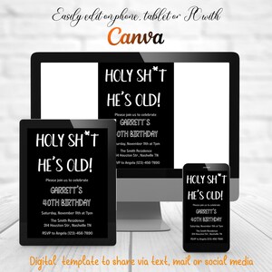 K&ouml;nnte beinhalten: Eine digitale Vorlage f&uuml;r eine Einladung zu einer 40. Geburtstagsfeier. Die Einladung ist schwarz mit wei&szlig;em Text, der "HOLY SH*T HE'S OLD!" lautet und den Namen "GARRETT'S 40TH BIRTHDAY" enth&auml;lt.