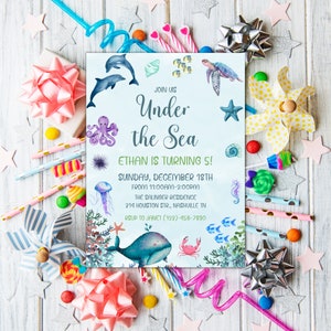 Editable Under the Sea Birthday Invitation Template, Printable Watercolor Under the Sea Invite ...