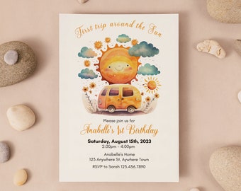Invitation d'anniversaire Premier voyage autour du soleil, modèle modifiable (téléchargement numérique)