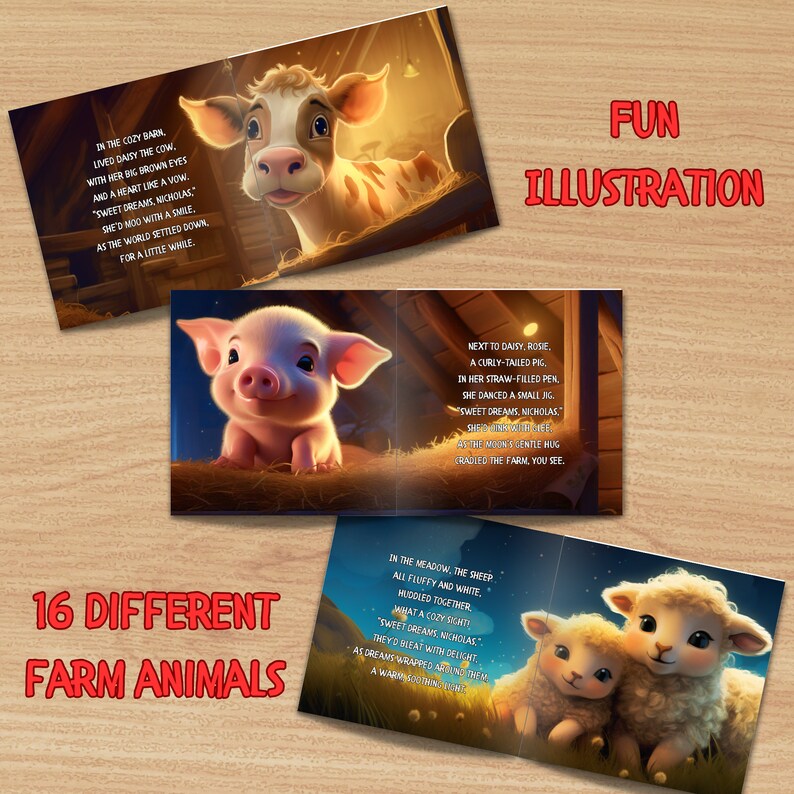 Puede incluir: Una ilustraci&oacute;n colorida de 16 animales de granja diferentes, incluyendo una vaca, un cerdo y una oveja. Los animales est&aacute;n representados en un ambiente acogedor de granero con heno y paja. El texto "Sweet Dreams, Nicholas" est&aacute; escrito en la imagen.
