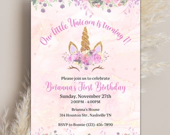 Editable Unicorn Birthday Invitation, Unicorn Birthday Invite, Unicorn Party Invitation Template, Rainbow Unicorn, Digital Download