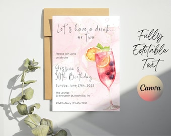 Editable Cocktail Birthday Invitation, Happy Hour Drinks (Instant Download)