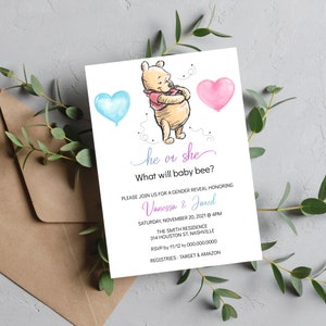 Convite editável de revelação de gênero do Winnie the Pooh Convite do Ursinho Pooh Ele ou Ela Winnie Baby Shower Bee Convite de revelação de gênero para impressão