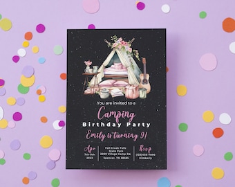 Camping Birthday Invitation, Girls Camp Out, Smores Party (Digital Download)