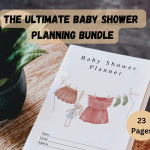 K&ouml;nnte beinhalten: Ein wei&szlig;er Planer mit dem Text "Baby Shower Planner" und einer Zeichnung einer W&auml;scheleine mit Babykleidung, die daran h&auml;ngt. Der Planer hat 23 Seiten und der Text "23 Seiten" befindet sich in einem gelben Kreis.