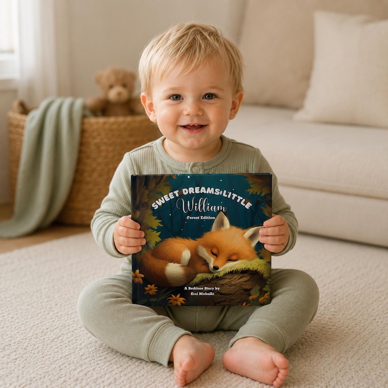 Pu&ograve; includere: Un libro con copertina rigida intitolato Sweet Dreams Little William Forest Edition con un'illustrazione di una volpe arancione che dorme su un tronco. La copertina ha uno sfondo di foresta scura con fiori gialli e testo bianco.