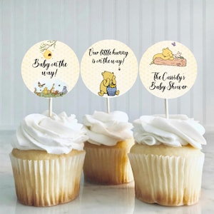 Editable Classic Winnie the Pooh Cupcake Toppers, Pooh Bear Decor, Gender Neutral Baby Shower, Winnie the Pooh Baby Shower, Instant Download