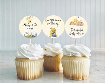 Editable Winnie the Pooh Cupcake Toppers, Baby Shower Decor (Instant Download)