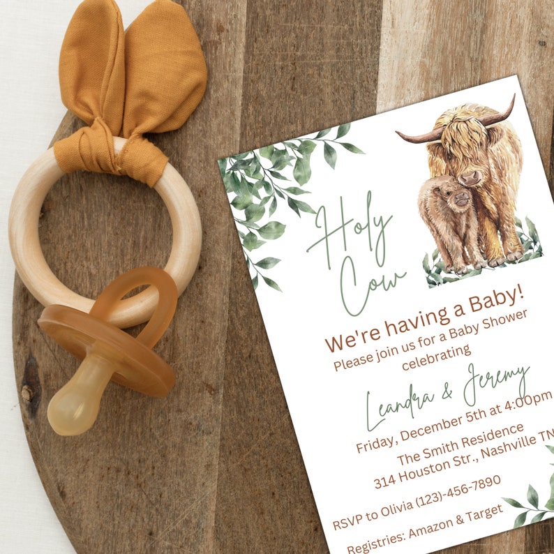 Highland cow baby shower invitation gender neutral boho cow etsy canada