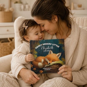 Pu&ograve; includere: Un libro per bambini con copertina rigida intitolato Sweet Dreams Little Elizabeth Forest Edition che presenta l'illustrazione di una volpe arancione che dorme su un tronco muschioso su sfondo di foresta scura con testo bianco.