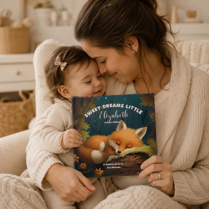 Pu&ograve; includere: Un libro per bambini con copertina rigida intitolato Sweet Dreams Little Elizabeth Forest Edition che presenta l'illustrazione di una volpe arancione che dorme su un tronco muschioso su sfondo di foresta scura con testo bianco.