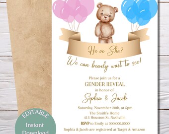 Gender Reveal Invitation Template, He or She Teddy Bear Invite, We Can Bearly Wait, Editable Template, Digital Download