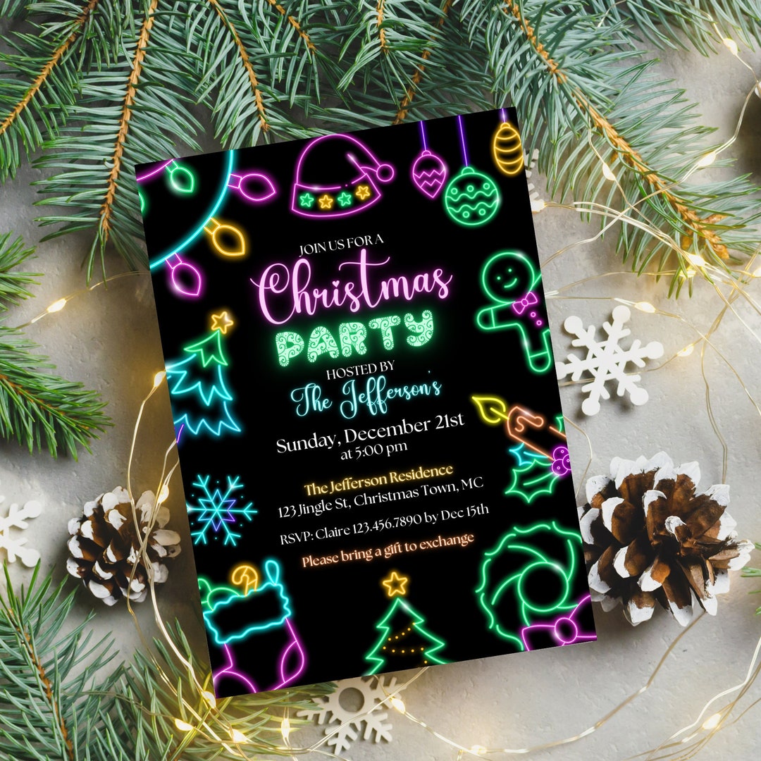 Neon Christmas Party Video Invitation Animated Neon Christmas Etsy