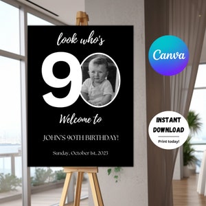 Editable 90th Birthday Welcome Sign, Look Who&#39;s Ninety Birthday Sign, Modern Black Birthday Welcome Party Poster, Photo Birthday Sign
