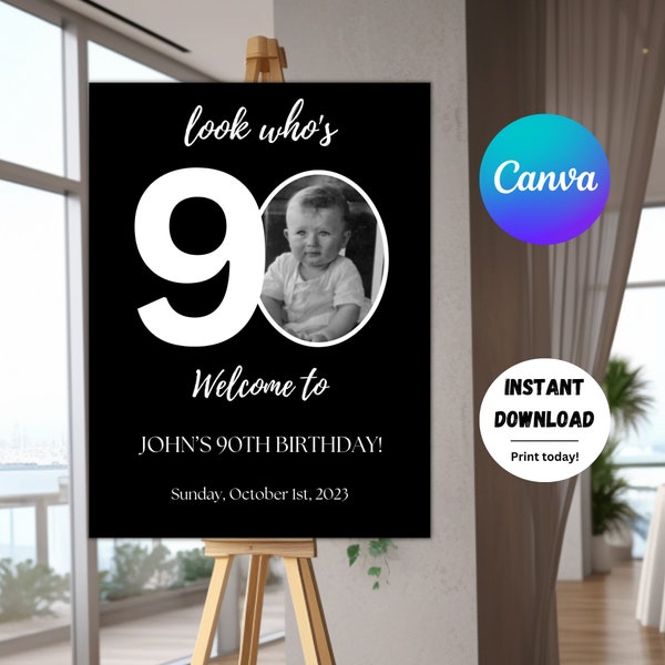 Editable 90th Birthday Welcome Sign, Look Who's Ninety Birthday Sign, Modern Black Birthday Welcome Party Poster, Photo Birthday Sign