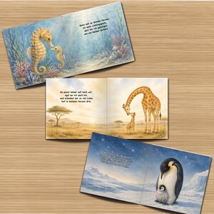 May include: A children's book with illustrations of a seahorse and baby seahorse in an underwater scene, a giraffe and baby giraffe on the savanna, and a penguin and baby penguin in a snowy landscape. Text is visible on each page.