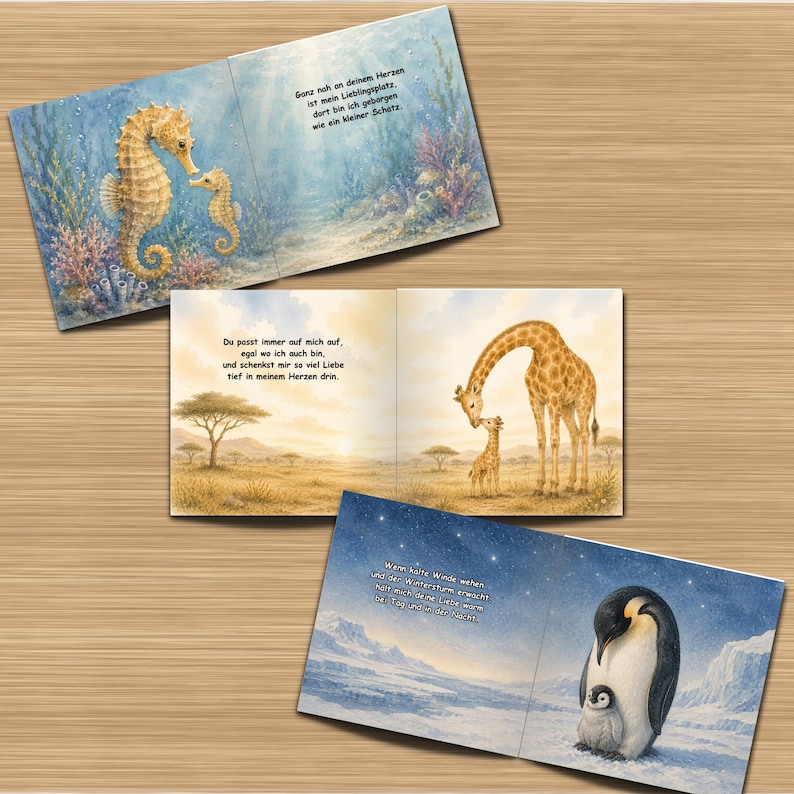 May include: A children's book with illustrations of a seahorse and baby seahorse in an underwater scene, a giraffe and baby giraffe on the savanna, and a penguin and baby penguin in a snowy landscape. Text is visible on each page.