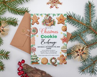 Modèle d’invitation à l’échange de biscuits de Noël, invitation à la décoration de biscuits de Noël, invitation à la maison en pain d’épice, invitation à une fête de Noël