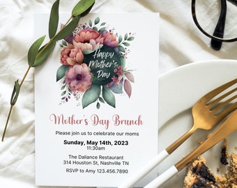 Floral Mother's Day Brunch Invitation, Editable Template (Instant Download)