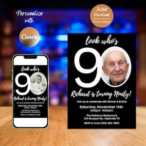 Editable 90th Invitation with photo, Look Who&#39;s 90, 90th Birthday Invitation Template, Gold 90th Invitation, Editable, Printable