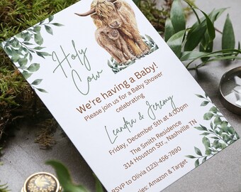 Highland Cow Baby Shower Invitation, Greenery Template (Digital Download)