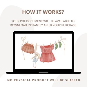 K&ouml;nnte beinhalten: Ein Laptop-Bildschirm zeigt eine digitale Illustration einer W&auml;scheleine mit einem roten Kleid, einem braunen Rock, einem Paar gr&uuml;nen Socken und einem Stoffhasen, die daran h&auml;ngen. Der Text "HOW IT WORKS?" wird &uuml;ber dem Bild angezeigt und der Text "YOUR PDF DOCUMENT WILL BE AVAILABLE TO DOWNLOAD INSTANTLY AFTER YOUR PURCHASE" wird unter dem Bild angezeigt. Der Text "NO PHYSICAL PRODUCT WILL BE SHIPPED" wird unter dem Laptop angezeigt.