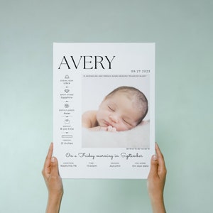 Pu&ograve; includere: Un poster di annuncio di nascita bianco e nero con il nome Avery e la data 09.27.2023. Il poster include una foto di un bambino che dorme, insieme a dettagli come il peso del bambino (8 lbs 5 oz), la lunghezza (21 pollici), il segno zodiacale (Bilancia), la pietra di nascita (Zaffiro), il fiore di nascita (Aster), la posizione (Nashville, TN), l'ora (11:40), la stagione (Autunno), e il testo "On a Friday morning in September".