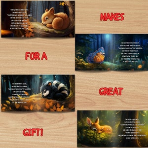May include: A colorful illustrated children's book with the text "Makes a Great Gift!" on the cover. The book features a squirrel, a butterfly, a skunk, and a deer sleeping in a forest setting.