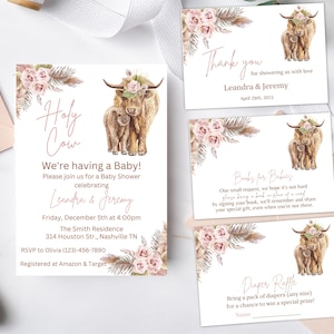 Ensemble d&#39;Invitation pour baby shower vache des Highlands bohème, baby shower de vache sans distinction de sexe, lot d&#39;invitations de baby shower de vache sacrée, modèle modifiable