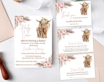 Boho Highland Cow Baby Shower Invitation Set (Editable Template)