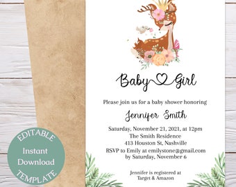 Mall för babyshowerinbjudan till hjortflicka, redigerbar (digital nedladdning)