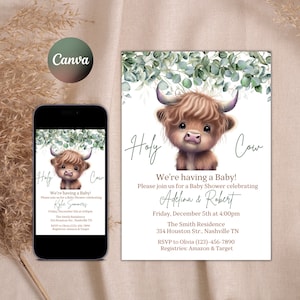 Faire-part de baby shower bohème vache Highland, baby shower de vache de sexe neutre, invitation de baby shower de vache sacrée, verdure, modèle modifiable en ligne