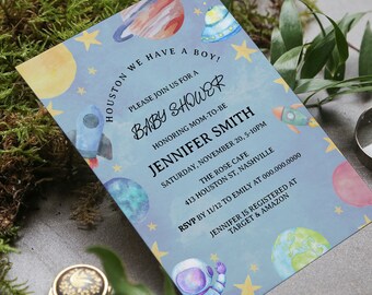 Space Baby Shower Invitation Template, Galaxy Moon Planets Stars Baby Shower Invite, Editable Digital Download