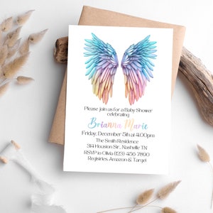 Angel Wings Baby Shower Invitation Template, Rainbow Wings Baby Shower Invite, Rainbow Gender Reveal Invite, Editable Instant Download